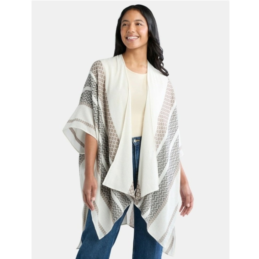 Time and Tru Striped Ruana Wrap One‎ Size Beige Tan New Open-front wrap poncho